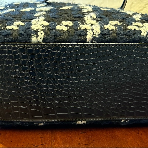 Christian Lacroix bag/tote plaid fabric navy & white, brass accents 16.5"W 11"H - Picture 4 of 7